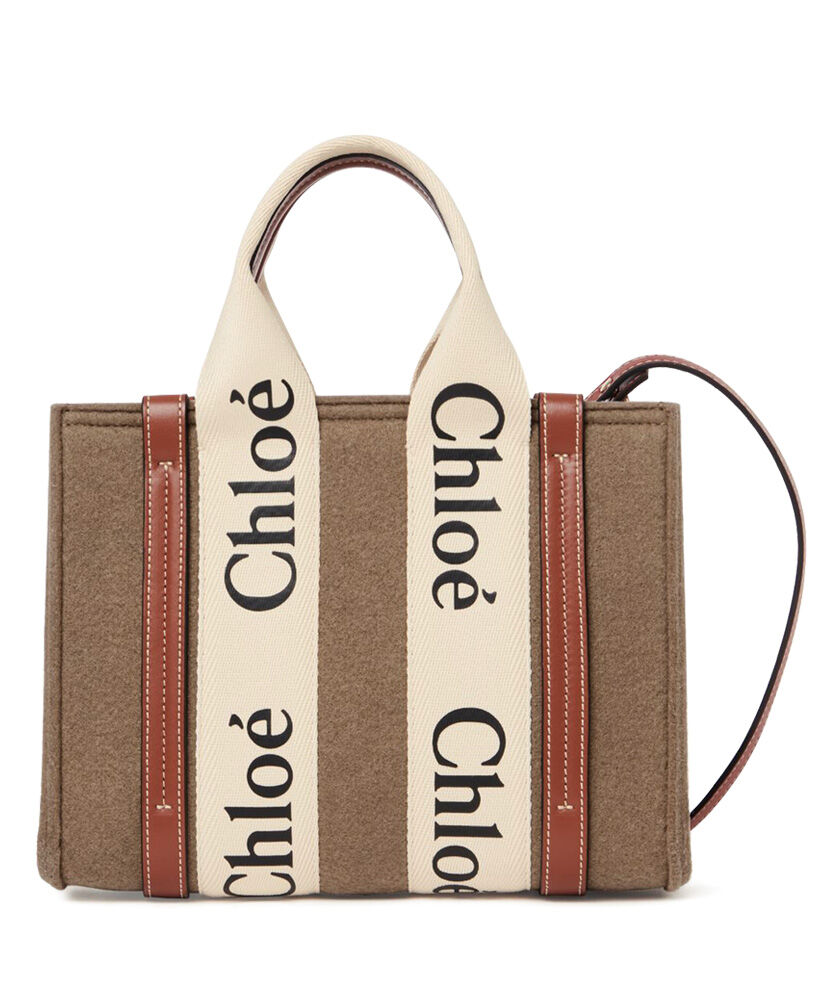 Chloe Small Woody Tote Bag With Strap Canvas with Leather Apricot